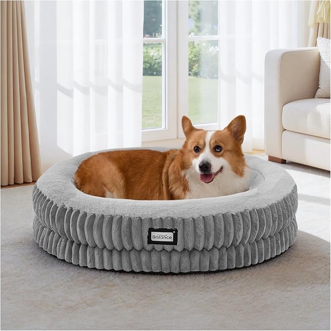 BALANCE Donut Dog Bed, 30 Inches Round Dog Bed Medium Size Dogs Washable, Orthopedic Calming Dogs Beds for Pets, Fluffy Plush Faux Fur Pet Bed with Anti-Slip Bottom