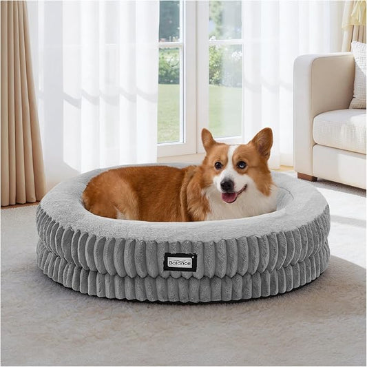 BALANCE Donut Dog Bed, 30 Inches Round Dog Bed Medium Size Dogs Washable, Orthopedic Calming Dogs Beds for Pets, Fluffy Plush Faux Fur Pet Bed with Anti-Slip Bottom