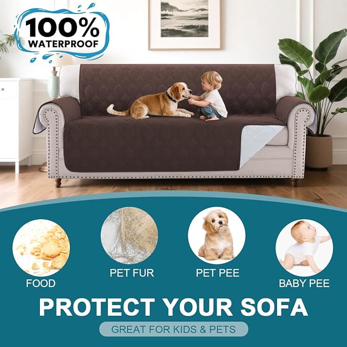 Turquoize 100% Waterproof Sofa Covers Couch Cover for 3 Cushion Couch Triple Non-Slip Sofa Slipcover Washable Furniture Protector for Pets, Kids, Dog (XL Sofa 78", Chocolate)
