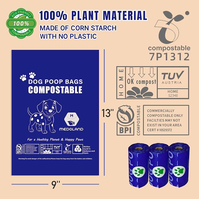 Compostable Dog Poop Bags BPI Certified Biodegradable Pet Waste Bags Leak-Proof Thickened and Opaque Eco Design (16 rolls 240 bags)
