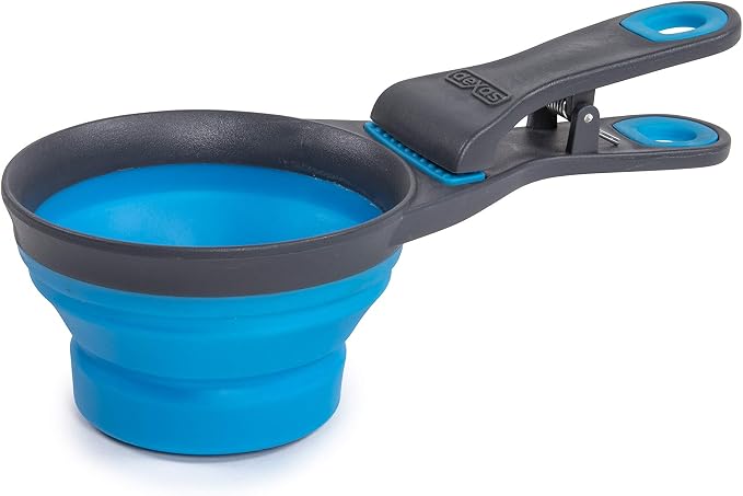 Dexas Pets Collapsible KlipScoop Collapsible Dry Dog Food Scoop and Dog Food Bag Clip, 1 Cup Capacity, Pro Blue