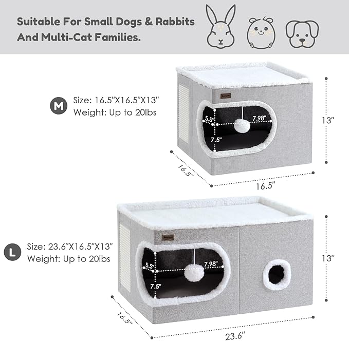 Garnpet Cat Bed for Indoor Cats Cube House, Covered Cat Cave Beds & Furniture with Scratch Pad and Hideaway Tent, Cute Modern Cat Condo for Multi Small Pet Large Kitten Kitty, Khaki