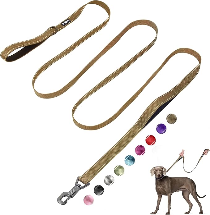 Fida 10ft Heavy Duty Dog Leash with 2 Comfortable Padded Handles, Traffic Handle & Advanced Easy Snap Hook, Reflective Walking Lead for Large, Medium & Small Breed Dogs, Brown