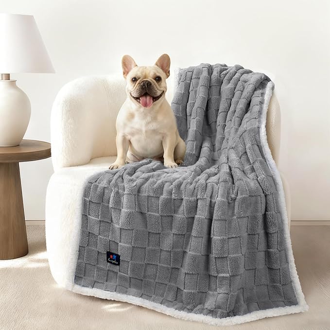 Luciphia Waterproof Dog Blanket, Leakproof Medium Pet Blanket for Couch Sofa Bed Furniture Cover Protector, Washable Soft Sherpa Fleece with 3D Jacquard, Cozy Calming Reversible, Gray White, 57"x40"