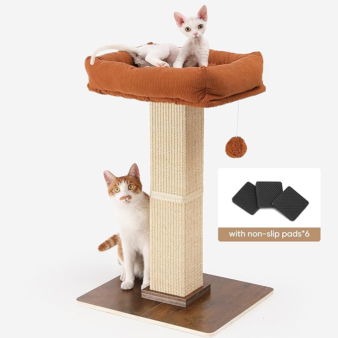 FUKUMARU Cat Scratching Post, Retro-Style Tall Scratch Posts with Perch for Indoor Cats Adults, Large Cat Scratcher Tower with Bed, Natural Sisal & Solid Wood