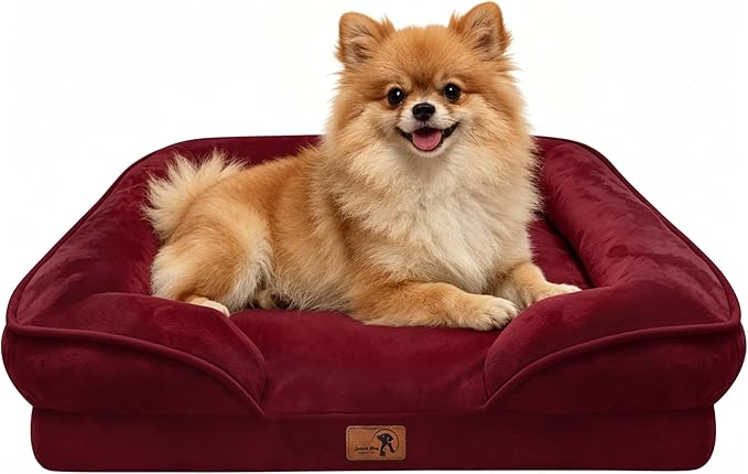 Spotted Play Orthopedic Dog Bed with Sides - Sofa Beds for Small Dogs, Supportive Foam Pet Couch Bed with Washable Removable Cover, Waterproof Lining and Non-Slip Bottom, Burgundy - S