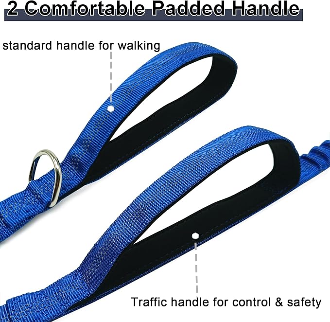5 FT Bungee Dog Leash with 2 Handles, Reflective Strong Nylon Traffic Leash, Shock Absorbing Lead for Large Medium Dogs Walking Training Controlling, Dark Blue