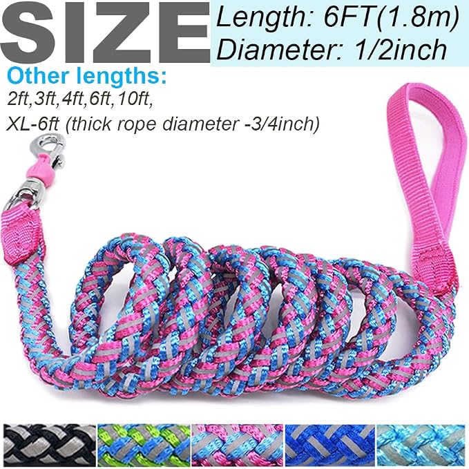 2/3/4/6/10 ft Reflective Dog Leash Strong Nylon Rope Braided Heavy Duty for Large Medium Small Dogs Walking Training Leads (Pink, 6ft * 1/2")