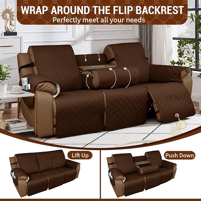 Waterproof Recliner Sofa Covers with Flipped Middle Backrest Washable Recliner Couch Covers Non-Slip with Elastic Straps Furniture Protector for Kid Dogs Pets (Brown)