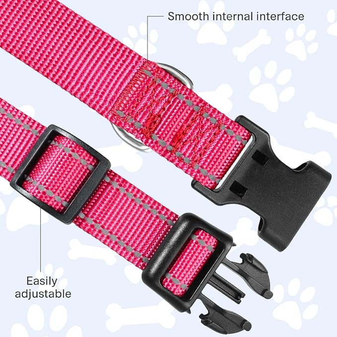 FunTags Length 8" - 12" Reflective Neon Pink Dog Collar for Puppy/Extra Small Dogs – Night Walking & Training Safety, Durable Quick Release Buckle, Nylon, Comfortable Adjustable, Width 3/8"