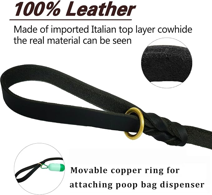 LWBMG Black Leather Dog Leash 6ft x 5/8", Heavy Duty Dog Leash, Strong Sturdy Genuine Leather Dog Leash, Soft Braided Leather Leash for Large, Medium and Small Dogs Training