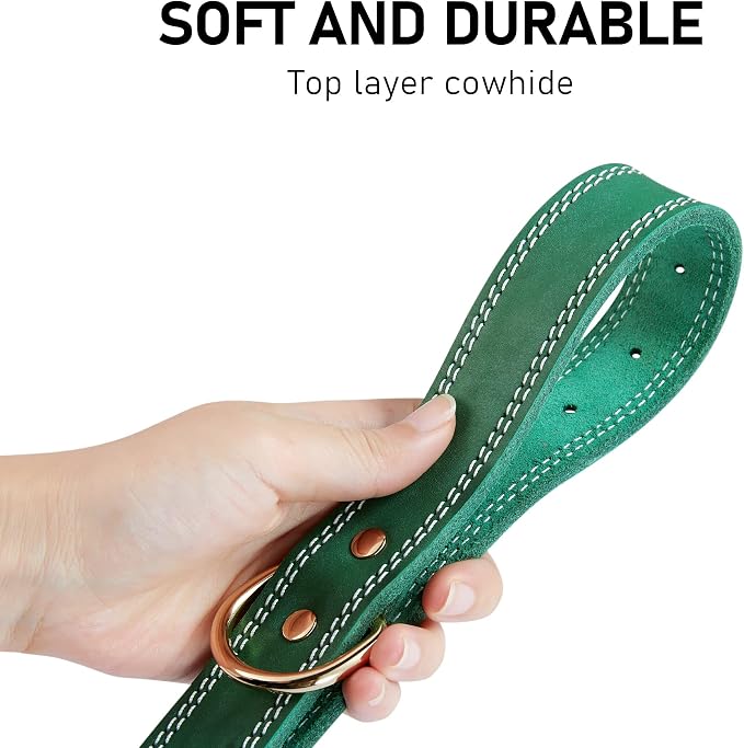 Genuine Leather Dog Collar, Heavy Duty Wide Dog Collar for Small, Medium, Large and Extra Large Dog (XL: 1.4" Wide for 18.6"-25.8" Neck, Dual Stitch - Green)