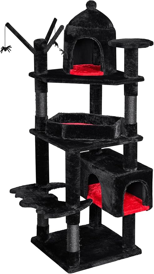 BEWISHOME Heavy Duty Cat Tree, 63 in Large Cat Trees Gothic Cat Tower with Coffin Bed, Cat Houses with Scratching Posts for Large Cats 20 lbs+, Tall cat Condos, Black & Red MMJ96R