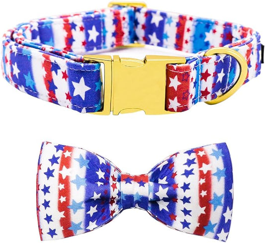 Maca Bates American Flag Dog Collar with Stars Bow Tie for Dogs Bowtie 4 of 7 Blue Red and White Adjustable Durable Patriotic Star Collars USA Independence Day for Small Medium Large Boy Girl Puppy
