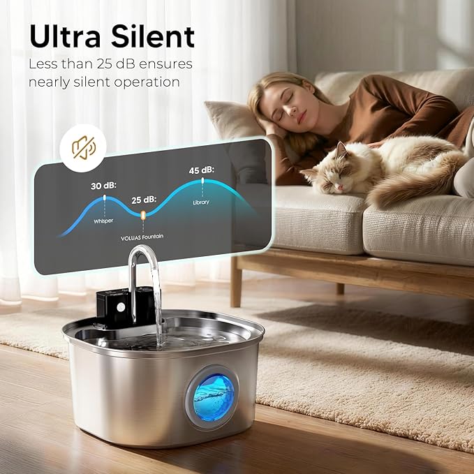 Voluas Stainless Steel Cat Water Fountain: 108oz/3.2L Wireless Cat Fountain Battery Operated for Drinking Indoor, Automatic Pet Water Dispenser Bowl with Ultra Quiet Pump, Easy Clean BPA-Free, 2Filter