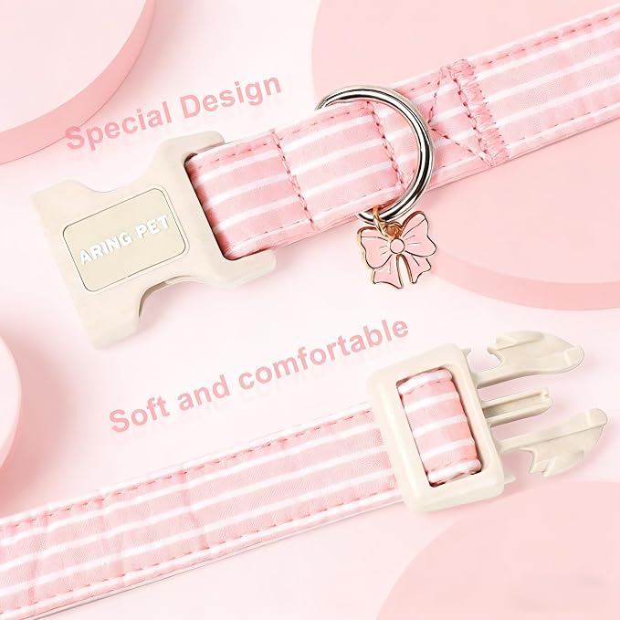 ARING PET Stripe Dog Collar, Cute Spring Summer Pink Stripe Pet Collars with Bow Charm for Puppy Small Medium Large Female Girl Dogs-S, for Daily Outdoor Walking Training