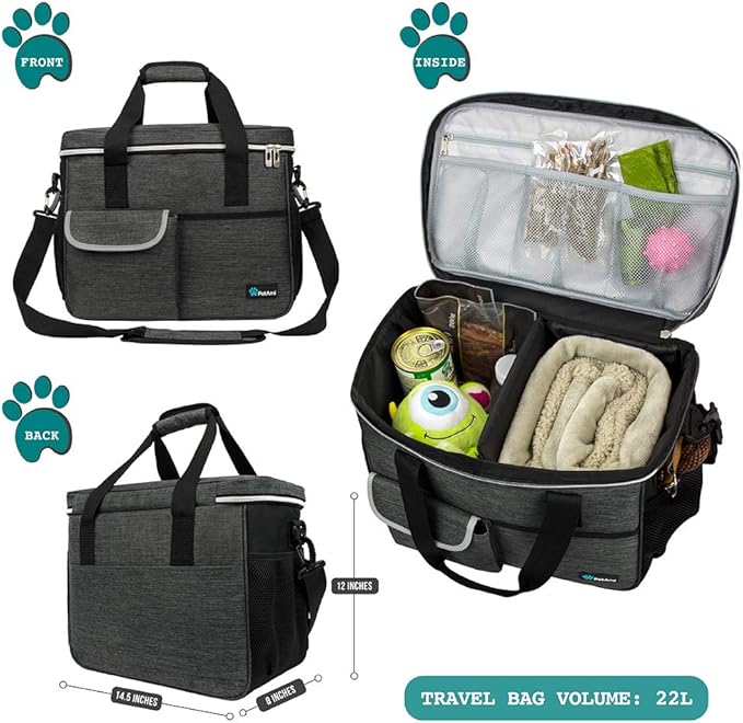 PetAmi Dog Travel Bag Organizer, Pet Travel Kit with 2 Food Containers & 2 Collapsible Dog Bowls, Pet Supplies Tote with Luggage Sleeve, Weekend Road Trip Camping Essentials, Dark Gray, Medium
