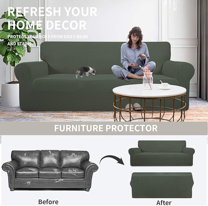 Easy-Going Stretch Oversized Sofa Slipcover 1-Piece Sofa Cover Furniture Protector Couch Soft with Elastic Bottom for Kids, Polyester Spandex Jacquard Fabric Small Checks Olive Green