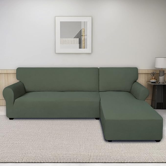 PureFit Super Stretch Sectional Couch Covers - 2 pcs Spandex Non Slip Sofa Covers with Elastic Bottom for L Shape Sectional Sofa, Great for Kids & Pets (3 Seat Sofa + 3 Seat Chaise, Greyish Green)