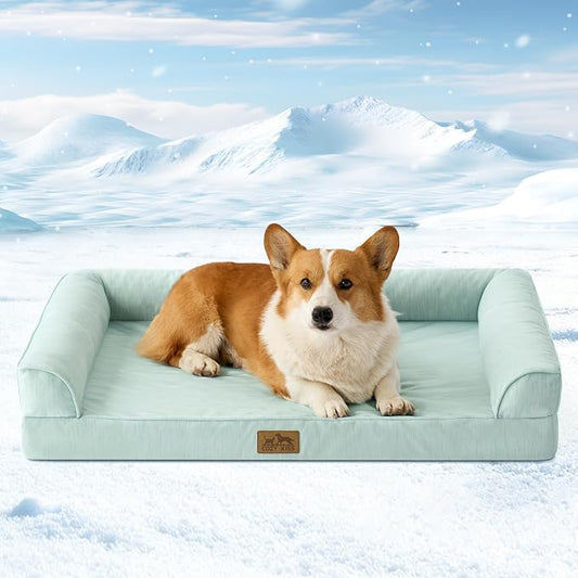 COZY KISS Cooling Dog Bed for Medium Dogs, 36"x27" Orthopedic Foam Sofa with Bolster Sides, Q-Max >0.4 Cooling Technology, Cool Pet Bed with Removable Washable Cover, Green