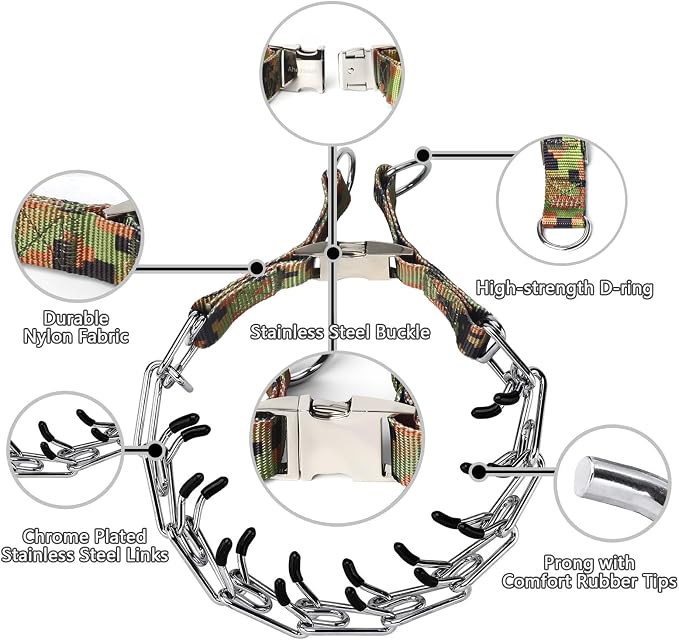 Dog Training Collar, Dog Prong Collar,High Strength Quick Release Metal Buckle,Comfort Rubber Tips,for Medium Dogs(3.0mm, 19.6-Inch, Camouflage Green)