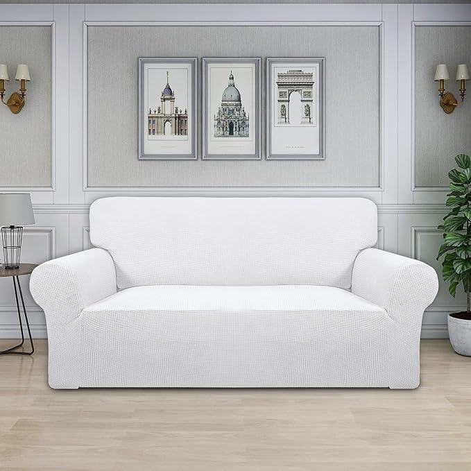 Easy-Going Stretch Oversized Loveseat Slipcover 1-Piece Sofa Cover Furniture Protector Couch Soft with Elastic Bottom for Kids Polyester Spandex Jacquard Fabric Small Checks Snow White