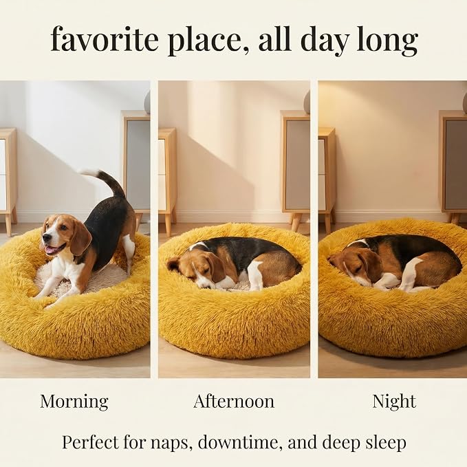 Calming Dog Bed for Medium Dogs Washable Donut 30 inches Anti-Slip Pet Bed,Round Fluffy Plush Faux Fur Cat Bed,Fits up to 45 lbs Pets,Orange