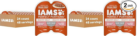 IAMS Perfect Portions Sensitive Digestion & Skin Wet Cat Food Pate, Adult Grain Free Pate, Turkey Recipes, (24) 2.6 oz. Twin-Pack Trays (Pack of 2)
