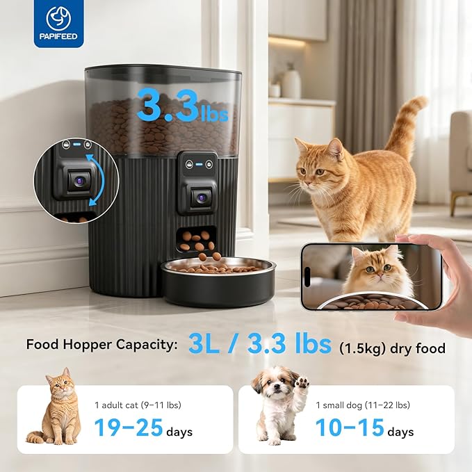 PAPIFEED Automatic Cat Feeder and Water Fountain Stainless Steel, WiFi Timed Auto Cat Feeder with Camera & App, Cat Food & Water Dispenser, Quiet Pet Drinking Fountain with LED, Smart Dog Feeder Set ﻿