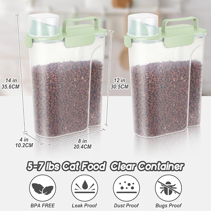 LEAWALK 5-7Lbs Dog Cat Food Storage Container with Upgraded Large Nozzle BPA-free, 4 Snap Seals Plastic Pet Food Storage Containers with Handles (light Green x 2, 5L-2pack)