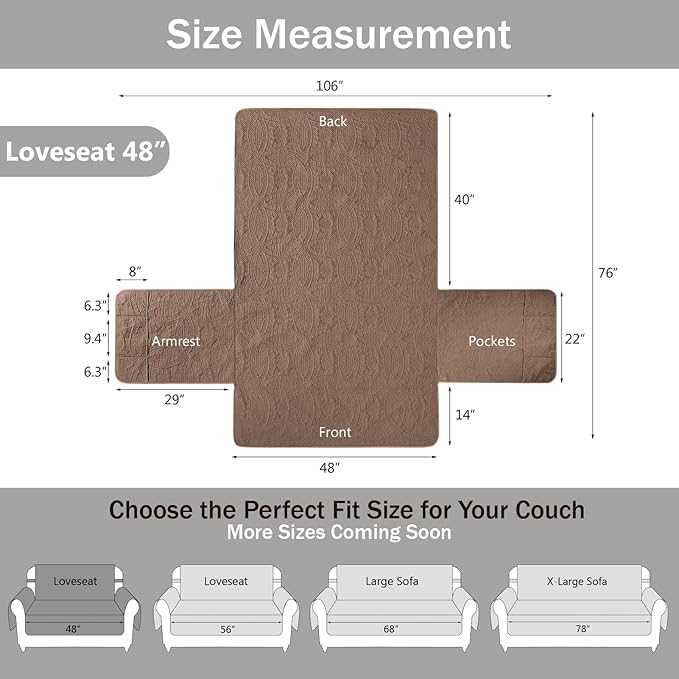 Toffee Loveseat Covers for 2 Cushion Couch, Water-Repellent Covers for Love Seat Sofa, Machine Washable Quilted Couch Covers, Pet Friendly Sofa Slipcovers (Loveseat 48", Raw Umber)