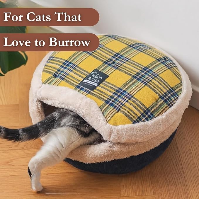 Cat Bed Cave – Enclosed Hideaway with Detachable Lid & Mat, Covered Round House for Indoor Kitten & Kitty (Yellow)