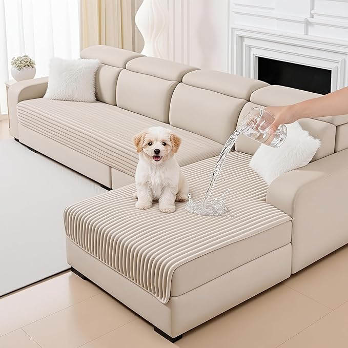 MYSKY HOME 100% Waterproof Couch Cover for Sectional Sofa, Couch Covers for Dogs Washable, Non Slip 2 Pieces Sofa Slipcover, L Shape Sofa Cover Furniture Protector for Pet, Khaki, 35"x63"+35"x63"
