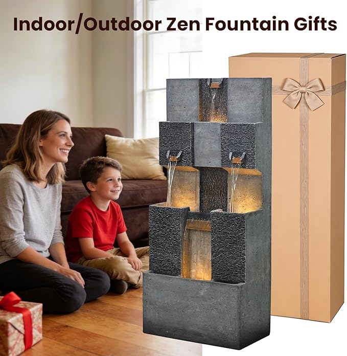 Sunlinua 45H Modern Grid Outdoor Water Fountain with LED Light Garden Cascading Waterfall Feature for Indoor or Outdoor Cascading Waterfall for Relaxing Garden Patio Backyard Deck Porch or Home Décor