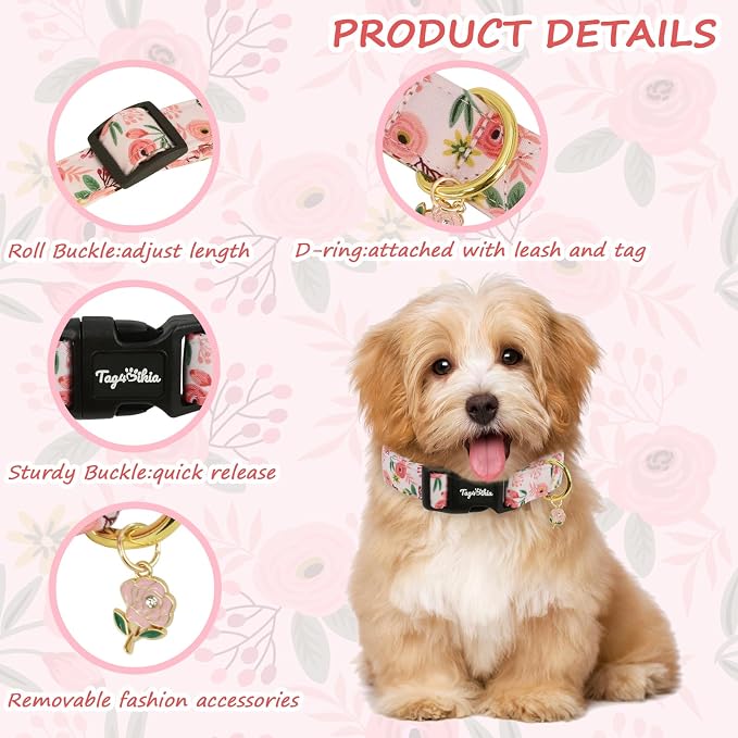 Dog Collar with Roses Patterns, Spring Summer Collection Pink Dog Collar with Exquisite Pendant, Durable Adjustable Collars for Gifts & Daily Use-M