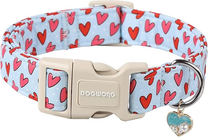 DOGWONG Valentine Dog Collar- Cute Blue Heart Dog Collars Adjustable Designer Valentine’s Day Puppy Heart Dog Collar for Small Medium Large Dogs M