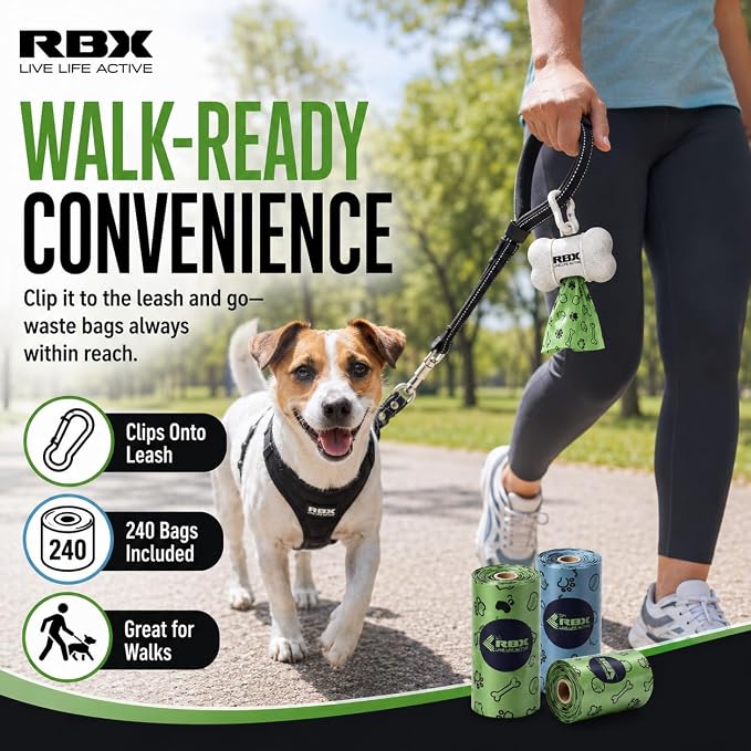 RBX Dog Poop Bags Rolls with Holder for Leash, 240 Poop Bags for Dogs with Clip-On Dispenser, Durable Leak-Proof Waste Bags, 16 Refill Rolls, Recyclable Material