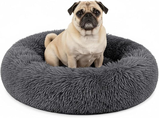 PetAmi Calming Dog Bed for Small & Medium Dogs, Cats & Puppy, Warming Round Donut Cuddler Bed, Anti-Anxiety Fluffy Shaggy Faux Fur Pet Bed, Machine Washable, Non-Slip Bottom, 23 Inch - Dark Gray