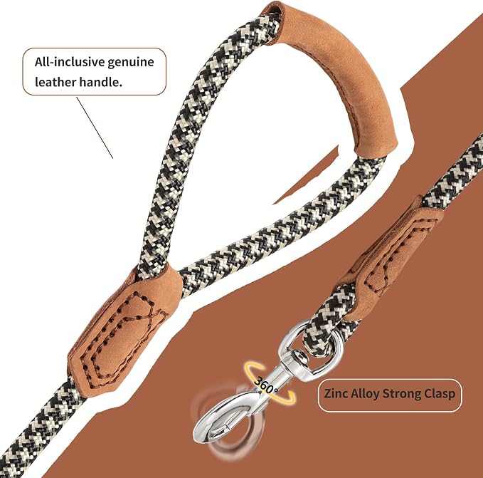 Mile High Life | Premium Leather Handle Dog Leash | Strong Rope Leash | Zinc Alloy Strong Clasp | Small Medium Large Dogs | 4/5/6 Feet(Black Khaki, 60 Inch (Pack of 1))