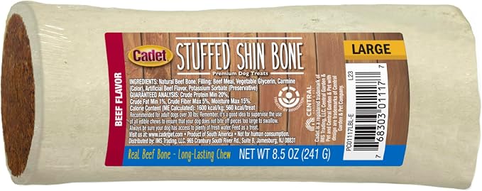 Cadet Stuffed Shin Bone, Long Lasting Dog Bones for Aggressive Chewers, High Protein Filled Dental Chew, Bully Stick Beef Flavor Filling, 5-6" for Large Dogs