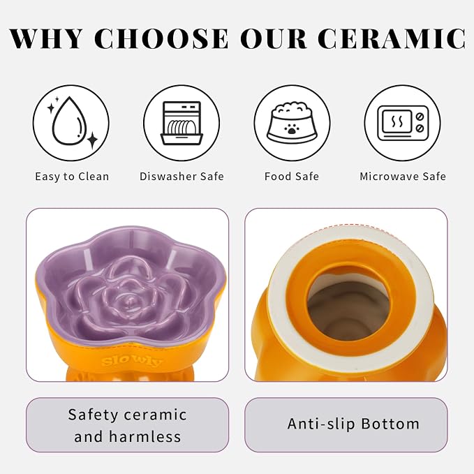 S&Q's Ceramics Raised Slow Feeder Cat Bowl, Ceramic Elevated Food Bowl Small Dogs Slow Feeder, Flower Shaped Cute Pet Dish for Dry and Wet Food (Purple, 5.8")