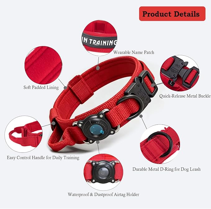 Upgraded AirTag Dog Collar,Waterproof Tactical Dog Collar with AirTag Holder, Control Handle and Metal Buckle,Heavy Duty Dog Collars for Large Dogs(Red，L