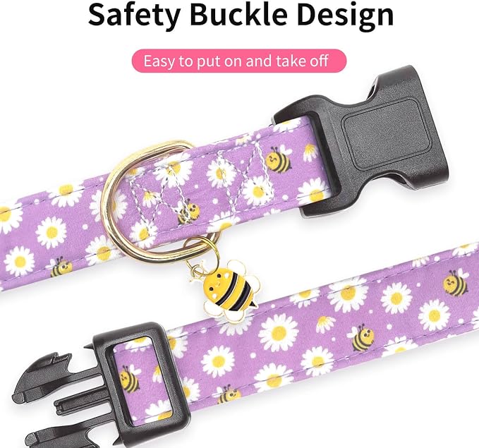 Cotton Dog Collar,Soft and Cute Puppy Collars with Bee Patterned Design for Girl Female Boy Dogs,Adjustable Buckle Pet Collar for Small Medium Large Dogs (Purple Bee, Medium)