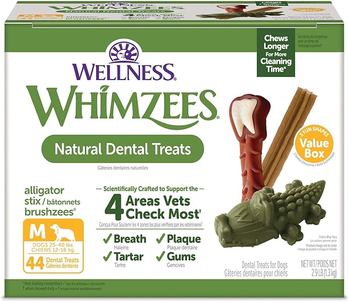 Wellness WHIMZEES Value Pack Natural Dog Dental Treat, Chews, Freshens Breath, Medium Size, 46.6 oz Box, 44 Count