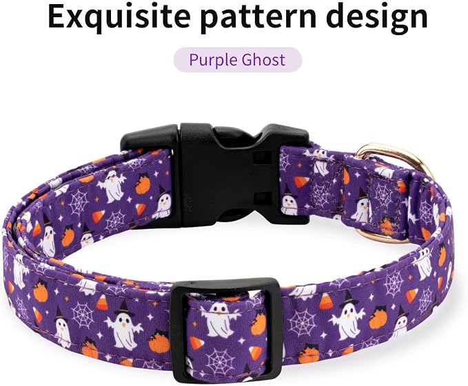 Fall Dog Collar,Soft and Cute Halloween Collars with Ghost Patterned Design for Girl Female Boy Dogs,Adjustable Buckle Pet Collar for Small Medium Large Dogs (Purple Ghost, Medium)