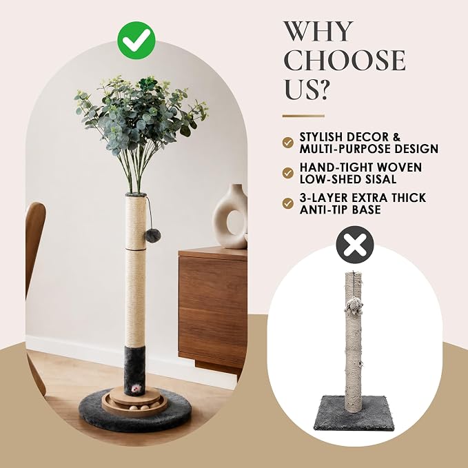 35 Inch Cat Scratching Post, Eucalyptus Sisal Rope Cat Tree Tower with Hanging Ball & Interactive Mouse Toy, Durable Scratcher for Indoor Adult Cats