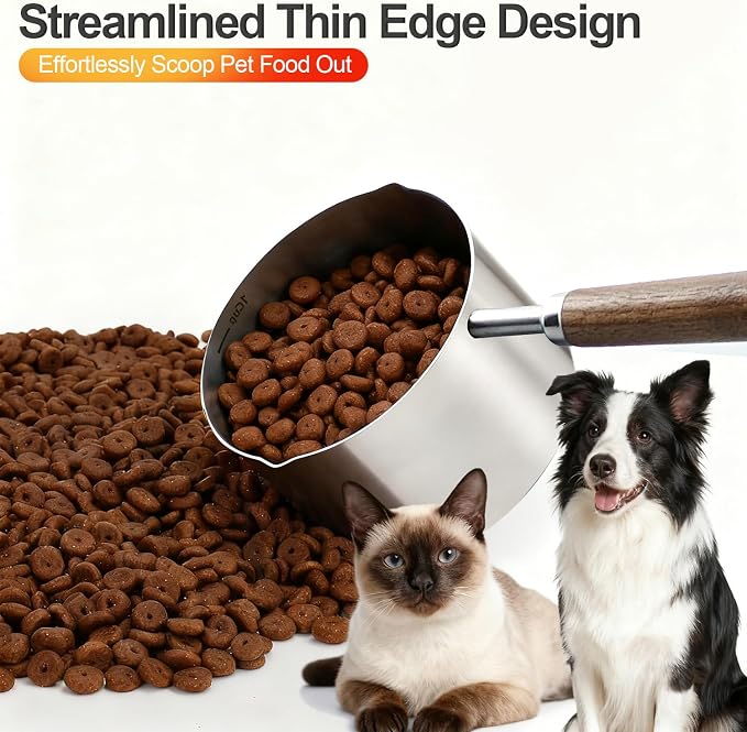Dog-Cat Food Scoop 1 Cup – 304 Stainless Steel Measuring Cup with Long Walnut Handle, Precise Scale for Pet Food, Easy to Clean & Durable Metal Scoop for Dogs, Cats, and Kitchen Use
