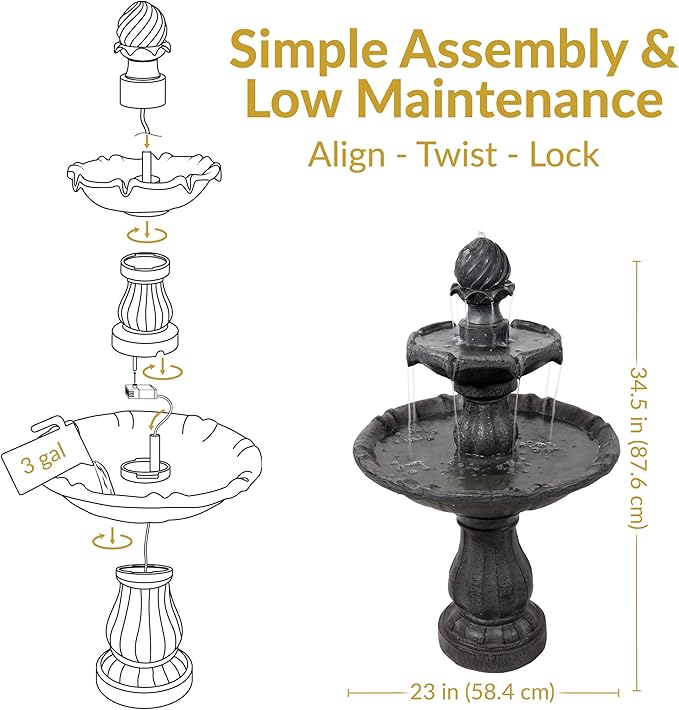 Sunnydaze 35" Solar 2-Tier Outdoor Water Fountain - Garden Water Feature with Battery Backup and Pump - Black