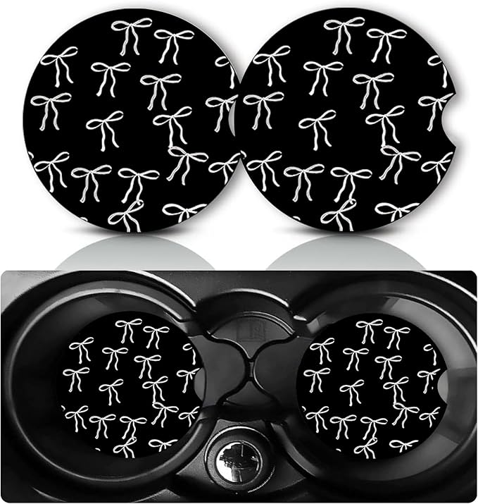 2Pack Black Bow Tie Car Cup Holder Coaster,Bow Tie Gifts for Women Men,Vehicle Interior Drink Mat Reusable Neoprene Car Coasters for Cup Holders Decor,Black Bow Automotive Interior Accessories