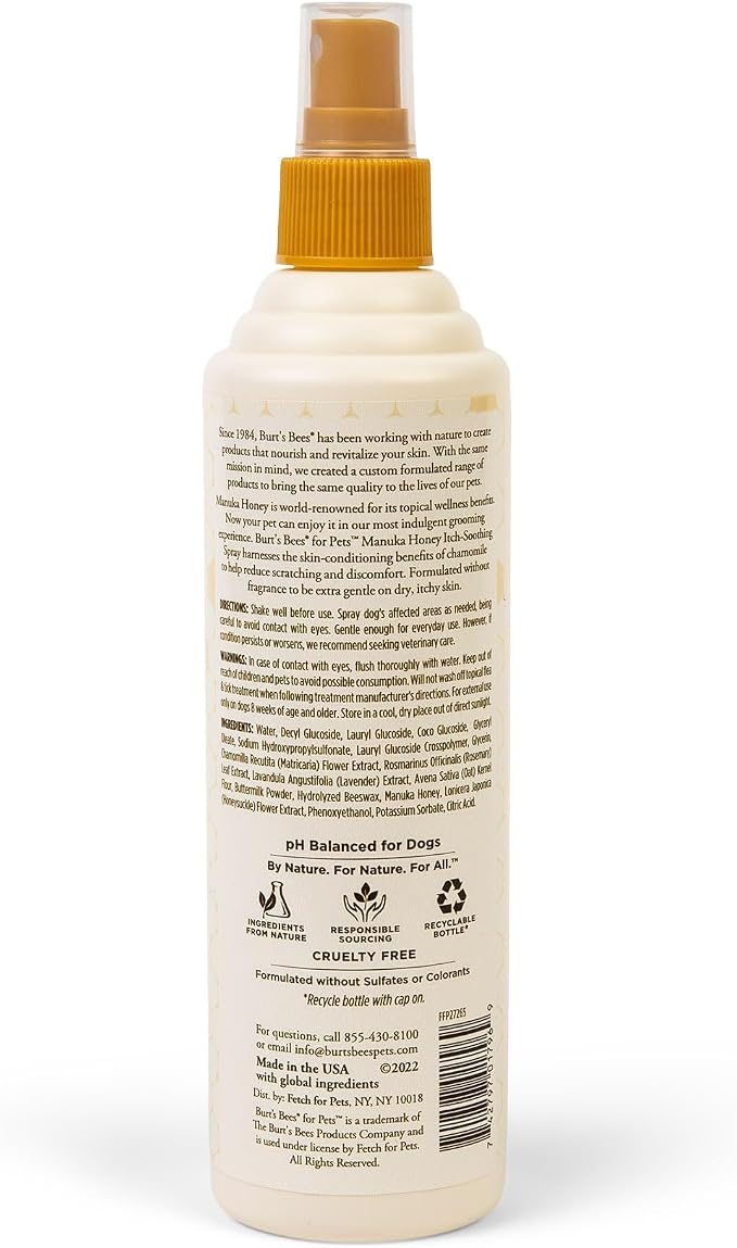 Burt's Bees for Pets Itch Relief Spray for Dogs, Manuka Honey & Chamomile, Soothes Itchy Skin Between Baths, Naturally Derived, No Artificial Fragrances, Sulfates or Colorants, 10 Fl Oz